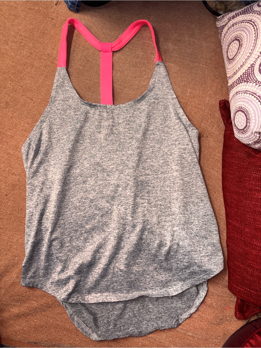 Women's Gray Tank Top with Pink T-Back Strap